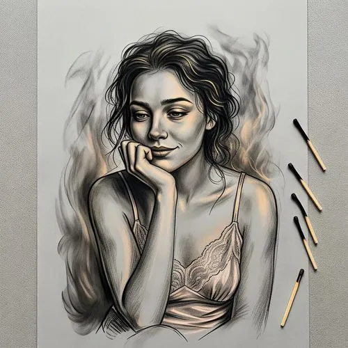 the drawings drawn with lit matches were cute, in the style of feminine portraiture, golden light, light gray, pensive poses, smokey background, light orange and light black, light & shadow, lingerie,