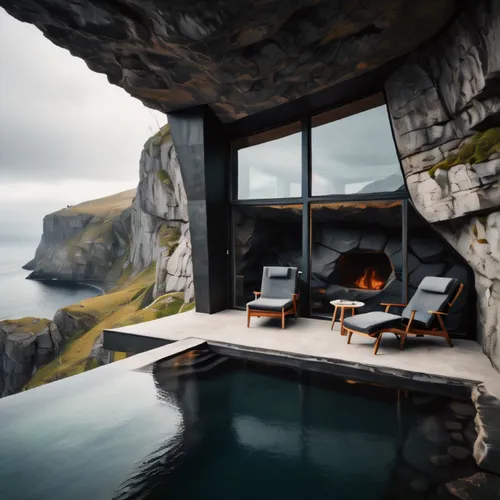 faroe islands,house in mountains,cave on the water,house in the mountains,fireplaces,beautiful home,pool house,luxury property,fire place,infinity swimming pool,fireplace,secluded,roof landscape,norwa