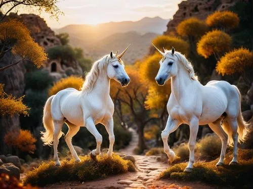 two white unicorns are playing in a magical forest,a couple of white horses walking on top of a road,white horses,arabian horses,beautiful horses,pegasys,equines,arabian horse,andalusians,pegasi,arabi