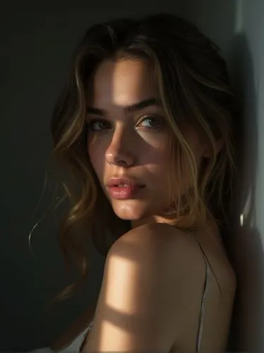a white woman, realistic photography style raw, editorial photography, chiaroscuro , with lights and shadows that enhanced her beautiful figure, postproduction, Sony Alpha IV, Kodak Color 35mm, in the