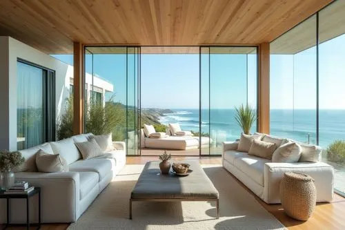 Design stunning glass-walled retreats harmonizing nature with modern elegance.,modern looking living room with sliding glass doors and natural wood paneling,dunes house,oceanfront,beach house,ocean vi