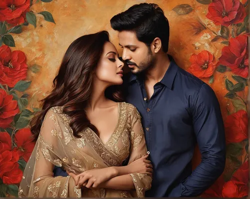 Create a heartwarming romance between Riya Sen and a charming artist.,romantic portrait,beautiful couple,oil painting on canvas,romantic look,romantic scene,photo painting,singer and actress,kabir,bol