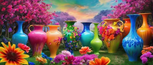 Describe a serene garden filled with colorful flower vases.,vases,flower vases,glass painting,vase,flower painting,flower vase,splendor of flowers,colorful flowers,colorful background,colorful glass,o
