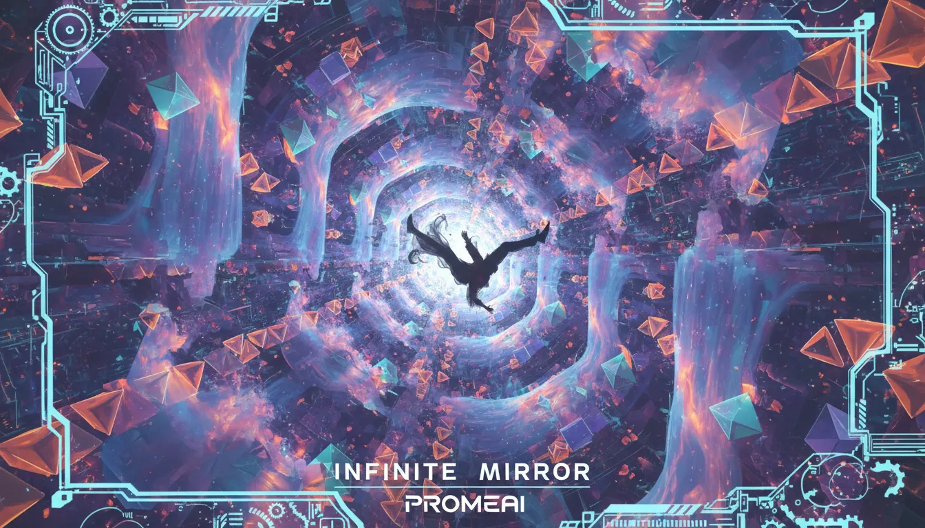 Un poster surreale creato con l'effetto Specchio Infinito di PromeAI, che mostra una persona che cade attraverso un tunnel ricorsivo di forme geometriche luminose e nuvole.