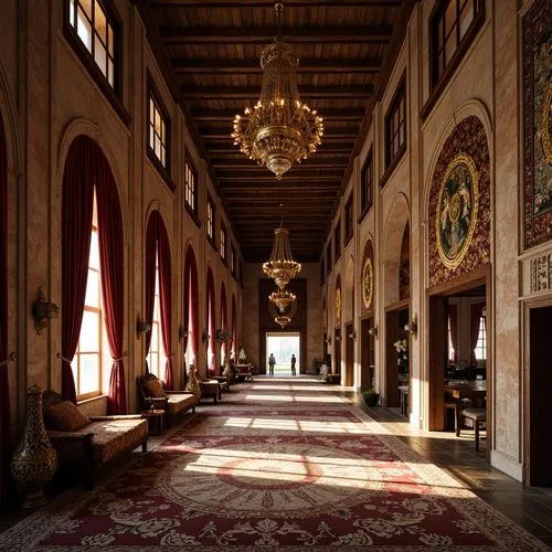 Richly ornamented barn, Byzantine-inspired architecture, intricately patterned textiles, velvet drapes, golden embroidery, luxurious silk fabrics, ornate tapestries, mosaic-patterned rugs, warm earthy