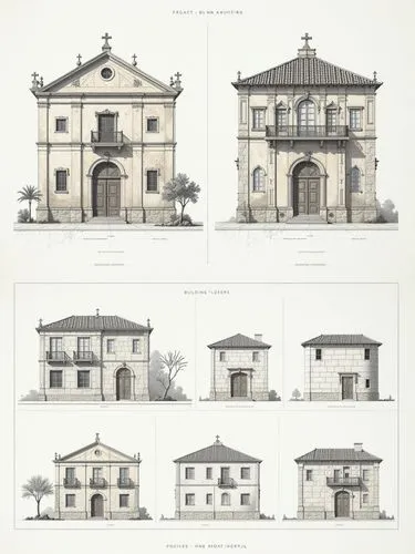 A diagram showing the process of building with each step represented by different architectural sketches and digital construction models of building structures and dimensions. The left side features t