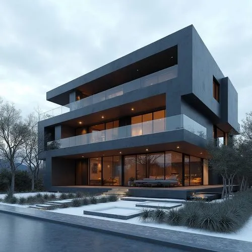A contemporary, multi-story luxury residence showcasing a bold, geometric composition of stacked rectangular volumes in deep charcoal and slate hues. The façade features sleek glass railings, spacious