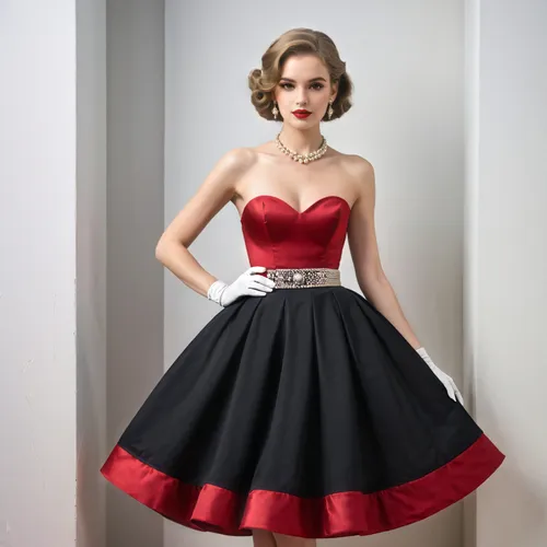 keep the vintage makeup and the red lipstick,a woman wearing a vintage dress with a black flare skirt and a red strapless bodice with a sweetheart neckline ,50's style,dress walk black,petticoat,valen