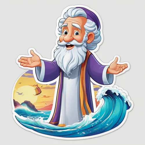 In the colorful, 3d style of Dysney, Moses, old wise white bearded man, wearing a thobe, parting the waves of the sea, vibrant colors, childrens illustration book style characters, 8k, high quality,na