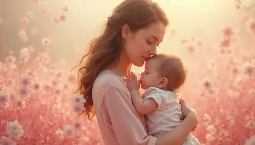 "Uma mãe segurando seu filho em um abraço caloroso, com tons suaves de rosa e branco, flores ao fundo e uma luz suave que transmite amor e proteção.",woman holding baby in grassy field with flowers,ba