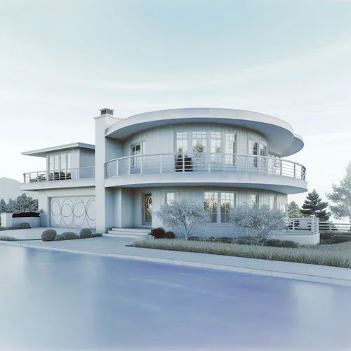 Streamline Moderne house, Curved forms, long horizontal lines, flat roofs, smooth surfaces, and often with nautical-inspired details like porthole windows and railings. The design may include chrome or stainless steel accents