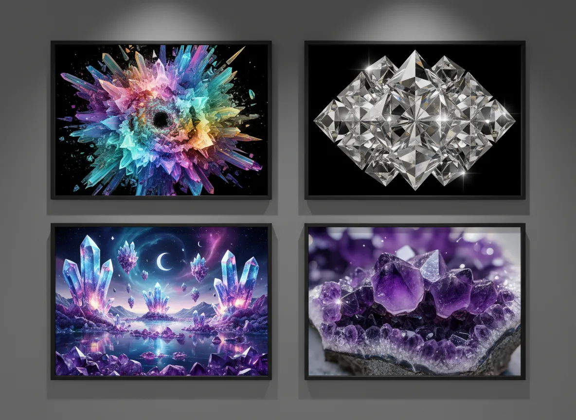Una galleria di quattro diverse opere d'arte di cristalli generate da AI, che mostrano stili diversi: astratto, geometrico, surreale e fotorealistico.