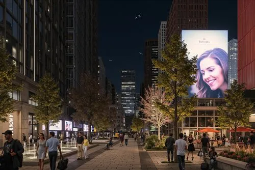 A photo-realistic rendering of a bustling city street at night, featuring a bustling urban setting with tall buildings, a fountain in the center, and pedestrians walking around. the scene is lit up wi