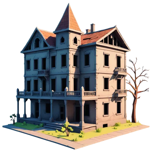A dilapidated and abandoned building with a spooky atmosphere and a mysterious past.,victorian house,model house,ghost castle,apartment house,two story house,crooked house,doll's house,3d render,3d mo
