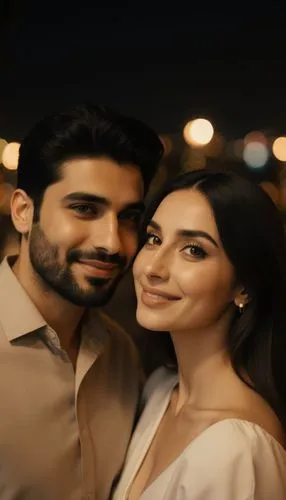 
A handsome young Arab man, light olive skin, sharp jawline, soft beard, expressive brown eyes, stylish black hair, wearing elegant casual clothes in neutral tones, cinematic romantic aura.
A beautifu