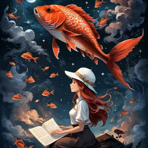 A detailed digital illustration of a great red fish in the night sky. The focal point is the large brown scales of the fish, with the human hand on the roof and the woman who wears a white hat sitting