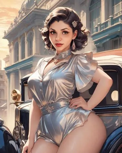 an artistic fashion illustration of a woman in a silver romp,retro woman,vidya,rockabella,dita,radebaugh,retro girl