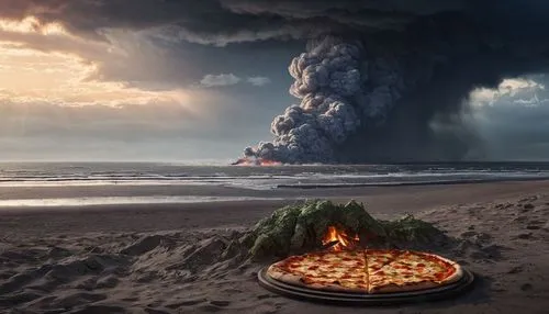 the last place at the end of the world, pizza for everyone, cancer for everyone, pompom, cataclysm, ostende,an odd shaped pizza sitting on a beach in front of a large ash cloud,stone oven pizza,pan pi