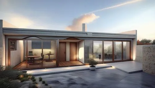 a small, simple house with large windows is in the middle of a backyard,3d rendering,modern house,render,luxury home,dunes house,holiday villa,revit,prefab,luxury property,landscape design sydney,rend