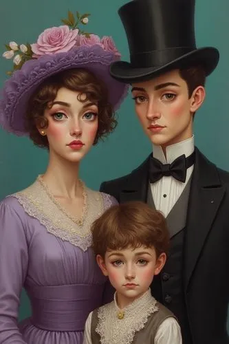 Victorian family portrait, woman purple rose hat, man top hat, boy in lace, detailed formal wear, painterly teal background, realistic, serious faces.,an illustration of three children dressed up with