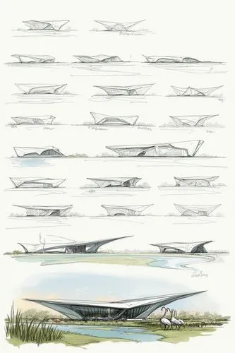 "Create a series of conceptual sketches that illustrate the process of designing a futuristic architectural structure inspired by an airplane. Start with simple geometric shapes and gradually evolve t