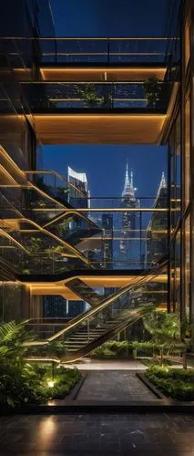 Modern outsourced architectural design, luxurious skyscraper, sleek lines, metallic materials, glass facade, LED lights, rooftop garden, cityscape view, urban atmosphere, night scene, dramatic lightin