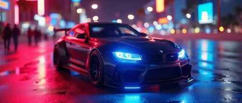 miami beach,cyberpunk car,girls on street car racing,a bmw car parked on the side of a street,car lights,car wallpapers,night lights,light trails,raptor,light trail,colored lights,outrun,lights led,to
