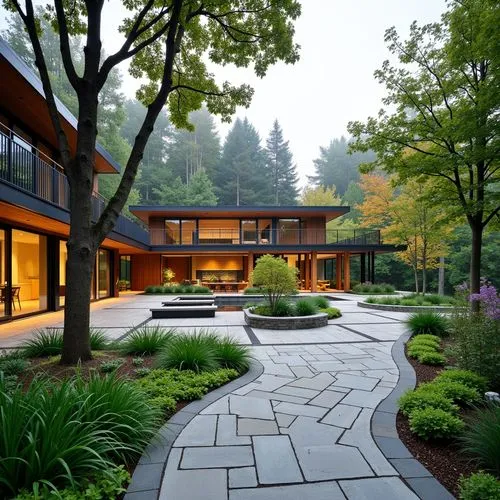 Rolling hills, serene lakeside, lush greenery, vibrant wildflowers, meandering walkways, rustic wooden benches, natural stone retaining walls, harmonious landscape integration, modern architecture ble