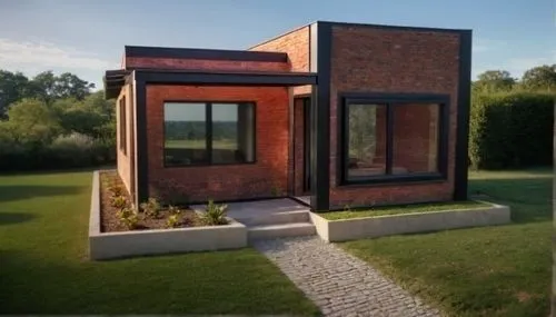 el cristal deja ver borrosa una habitación matrimonial ,small brick house with large glass windows in the backyard,cubic house,cube house,frame house,clay house,prefabricated,danish house,prefab,cuboi