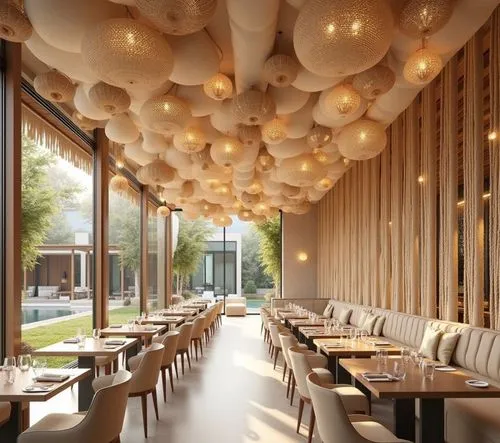 Luxury boho-style restaurant interior located in Russia, designed with a refined, cozy, and upscale atmosphere adapted to a cooler climate while maintaining a light, resort-inspired aesthetic. The int