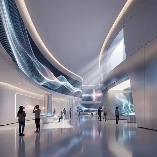 futuristic brand exhibition hall, immersive experience space, large LED curved screens, interactive installations, minimalistic architecture, white and metallic materials, soft ambient lighting, volum
