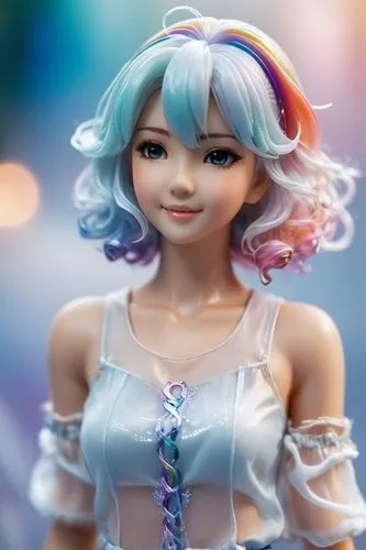 Beautiful Japanese fashion model with rainbow hair and preppy casual wear, ethereal dreamy mist, posing in a fashion pose. Kinship Magazine. Gentle smile,a doll with a multicolored dress and colorful 