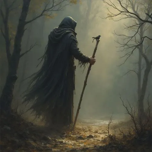 cling to the shadows of nothingness ,a painting depicting a wizard holding a spear while standing in a wooded area,scythe,grim reaper,necromancer,scything,the wanderer,scythes,dance of death,hooded ma