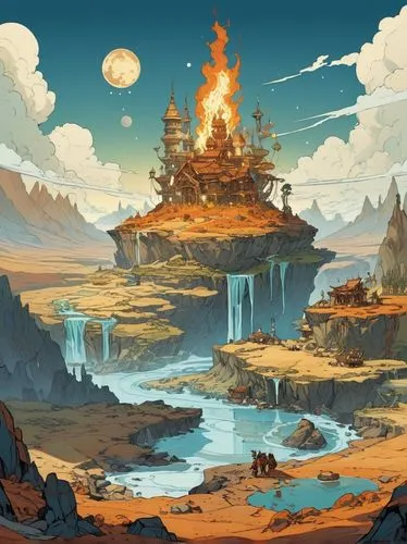 Game Scene Design,mushroom landscape,fantasy landscape,volcanic landscape,mushroom island,swampy landscape,volcanic field,karst landscape,scorched earth,fire mountain,fairy chimney,an island far away 