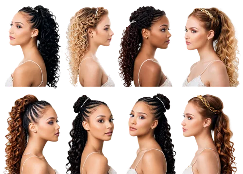 Female model, various hairstyles, solo, (20yo), detailed hair textures, braids, ponytails, afro, curly hair, straight hair, blonde, brunette, redhead, highlights, makeup, natural light, softbox lighti
