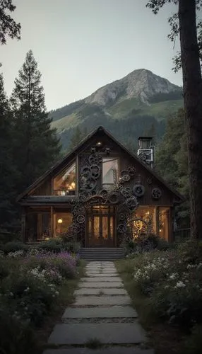 Modern country house in high-tech style. Located in the forest on the background of the hill. Materials, porcelain tile wood plastic. In front of the house a path with flower beds and alpine hills. Fr