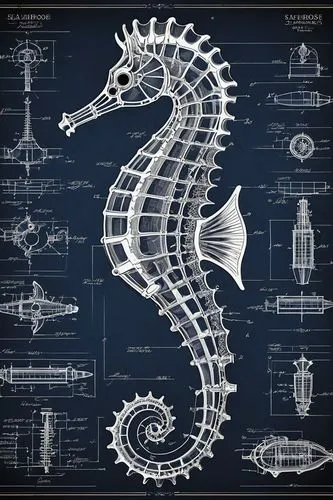 seahorse schematic with dimensions and call outs, black background,fish skeleton,sea raven,sea horse,naval architecture,kraken,seahorse,cephalopod,biomechanical,sea-horse,deep sea nautilus,wyrm,nautil