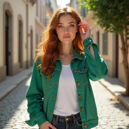 This is a high-resolution photograph of a young woman standing on a sunlit cobblestone street, likely taken in a European city. She has long, wavy auburn hair that cascades past her shoulders and is s