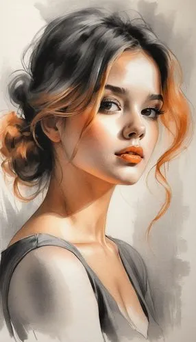 the drawings drawn were cute, in the style of feminine portraiture, perfect beauty, golden light, soft gray, pensive poses, smokey background, soft orange and  black, light & shadow ,digital painting,