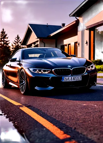 BMW car, sports car, sleek design, shiny black body, silver rims, low-angle shot, dramatic lighting, morning dew, 3/4 composition, shallow depth of field, warm color tone, cinematic lighting, detailed
