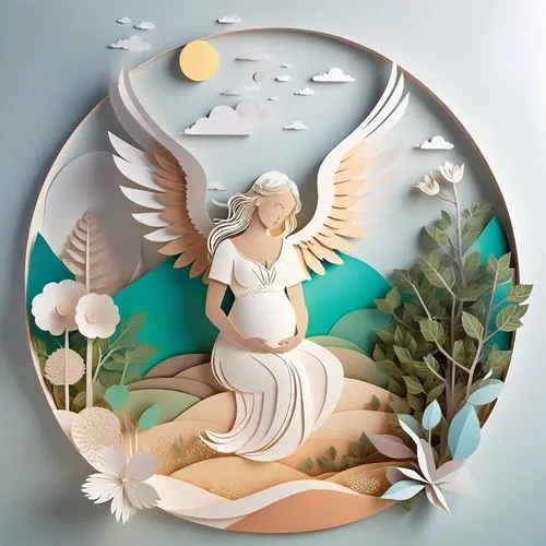 a paper cut of an angel in a round frame,decorative plate,annunciation,dove of peace,paper art,laurel wreath,birdbath