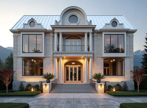 Photorealistic architectural visualization of a luxury 2-story square-shaped residental building. First floor height 5m with tall arched windows, second floor height 5m. Classical architectural style 