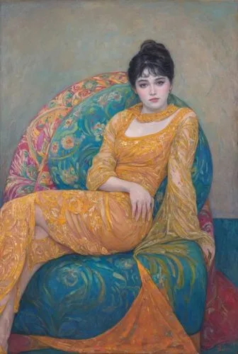 a painting of a woman wearing a yellow dress,odalisque,woman sitting,woman on bed,girl sitting,girl with cloth,girl in cloth,portrait of a girl,girl lying on the grass,mademoiselle,girl in a long,youn