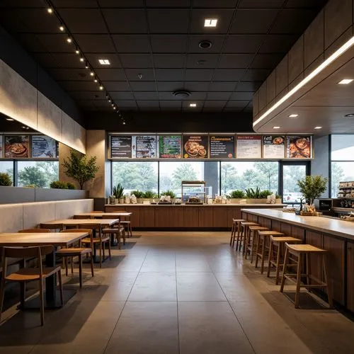 Visualize a clean, modern restaurant setting with a focus on a well-organized kitchen or ordering area. Subtle digital elements, such as minimal glowing data lines or transparent digital displays, hig