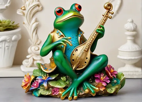 Write a lighthearted story about a vibrant jazz frog garden ornament that comes to life and embarks on a musical adventure.,jazz frog garden ornament,frog figure,frog prince,frog king,green frog,woman