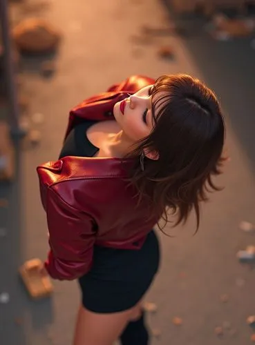 An anime of a beautiful caucasian young woman, staning in a street. She has long brown hair, is wearing a red leather jacket and a black minidress whit a neckline and longblack loots . She has her hea