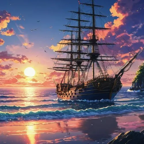 Anime Scenery Sunset 4k Anime Landscape Wallpaper 4k 3840x2160 Wallpaper Teahub Io,a painting of a sailboat in the water,sea sailing ship,sail ship,sailing ship,sailing ships,galleon ship,sea fantasy,