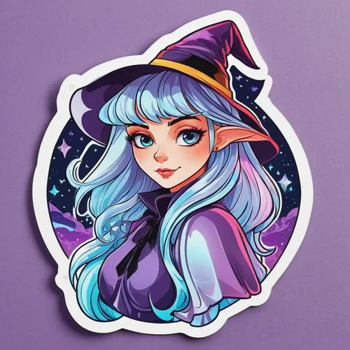 a die cut holographic sticker featuring beautiful teenage witch character in the style of studio Gebli, Light Pure background,witch's hat icon,violet head elf,halloween vector character,fairy tale ico