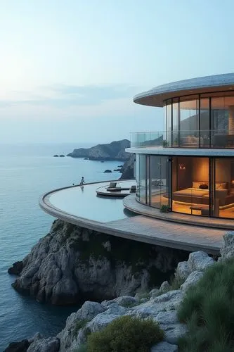 A circular villa set on a private promontory, with a fully transparent glass façade that provides uninterrupted 360-degree views of the surrounding ocean. The villa’s sleek, minimalist interior is des