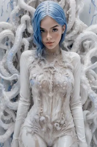 A woman dressed in a kind of white clothes made of goo and white tentacles, with several blue drawings of goo while dripping.,a person standing next to a white and blue dress,ice queen,bjork,the snow 